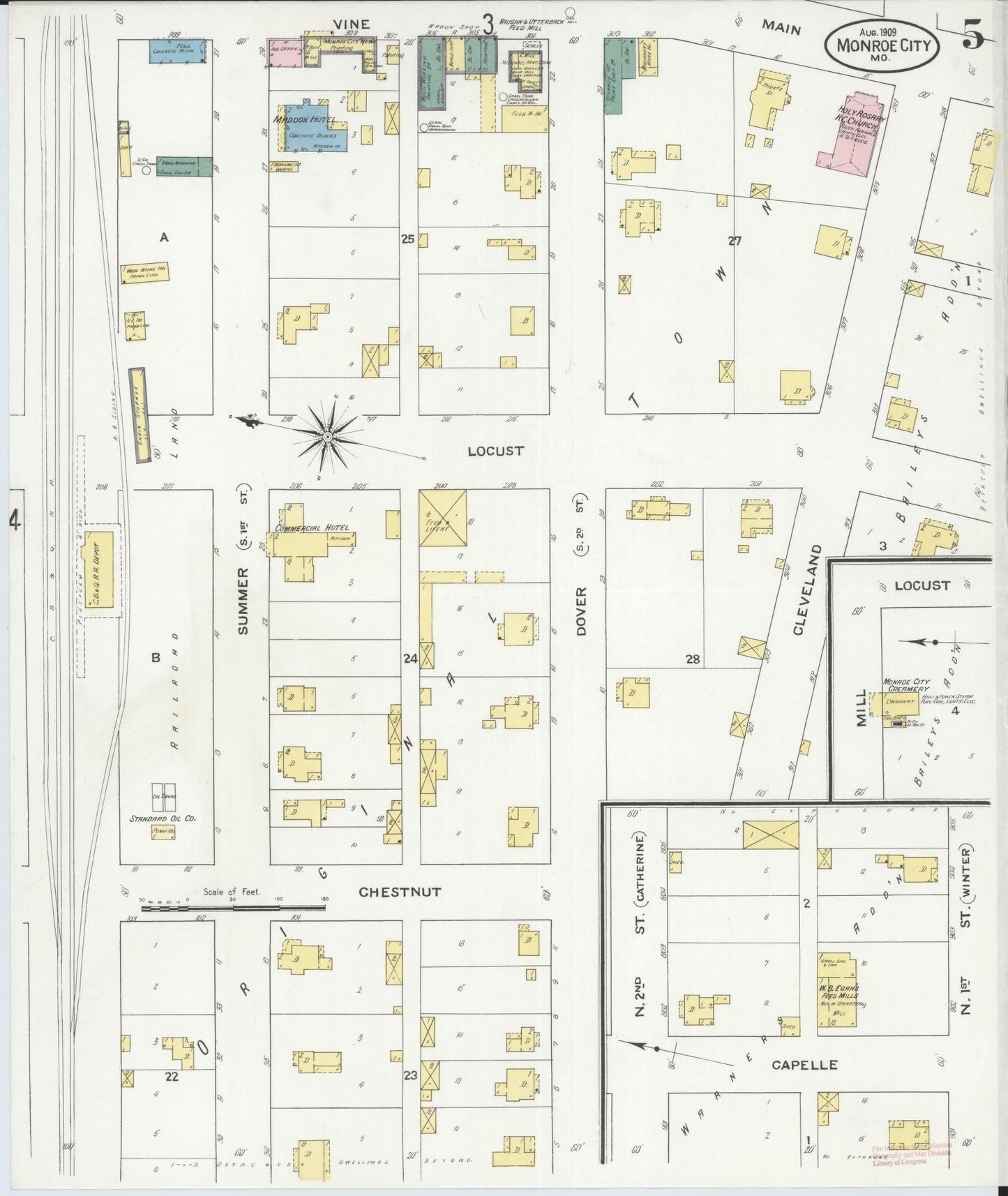 Sanborn Fire Insurance Map from Monroe City, Monroe County, Missouri (1909), Sheet #0005 - Historic Sanborn Fire Insurance Map Print, vintage old map wall art, antique decor, genealogy gift, Missouri Missouri map
