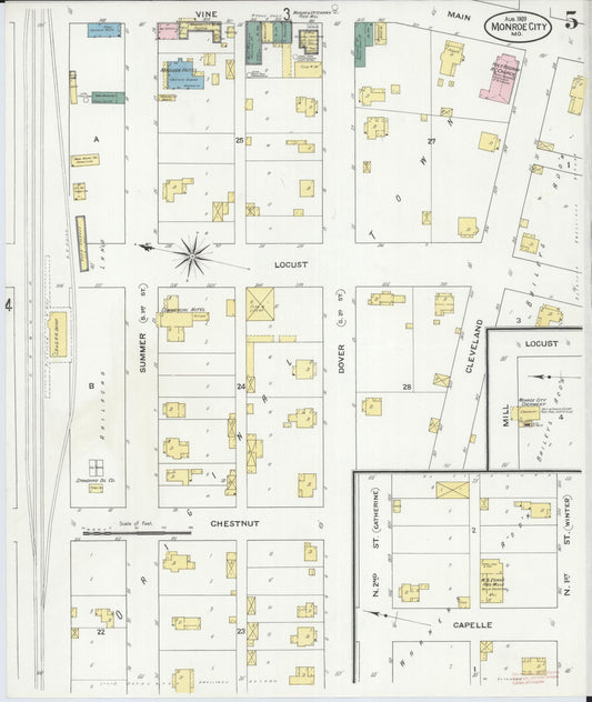 Sanborn Fire Insurance Map from Monroe City, Monroe County, Missouri (1909), Sheet #0005 - Historic Sanborn Fire Insurance Map Print, vintage old map wall art, antique decor, genealogy gift, Missouri Missouri map