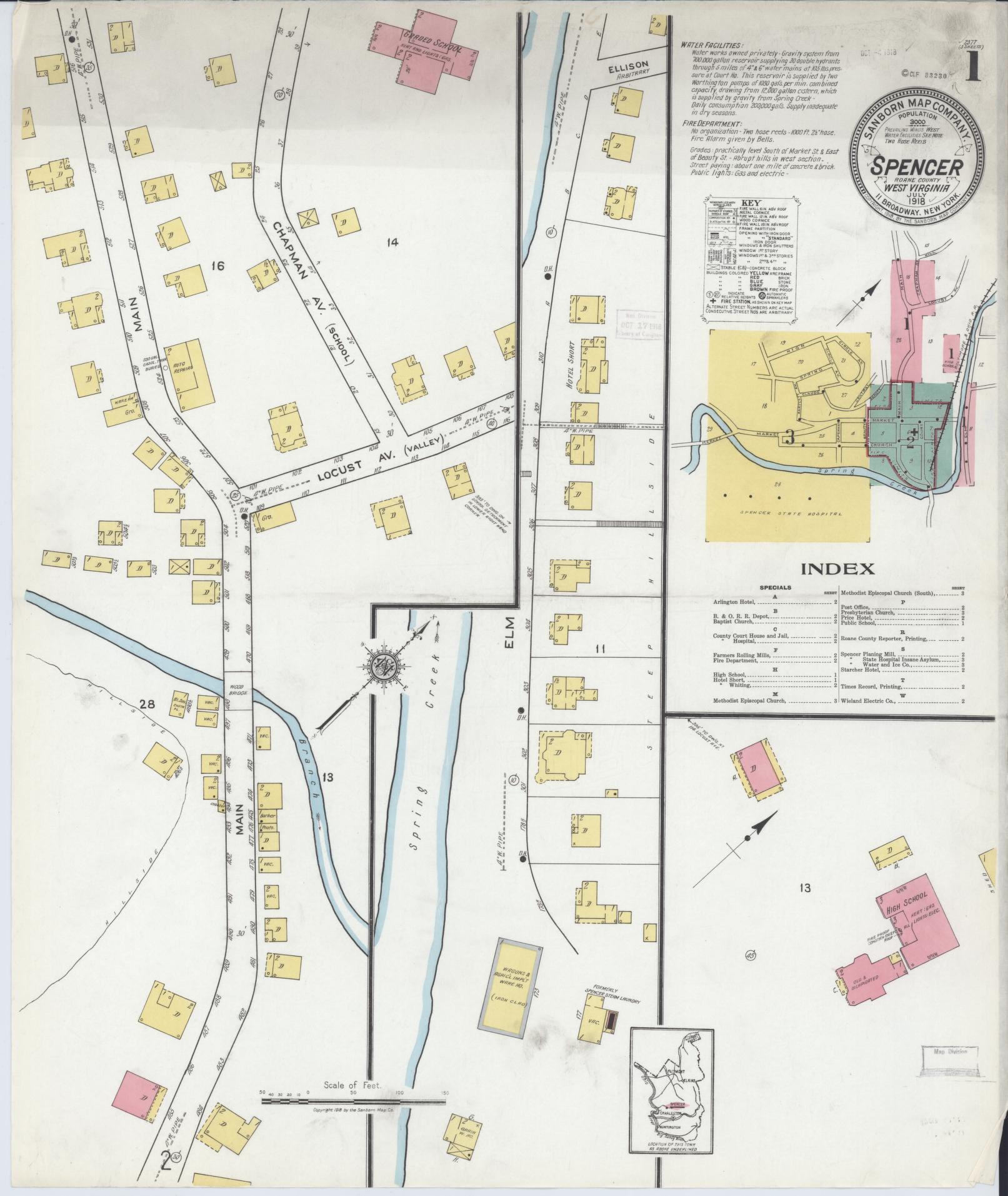 Sanborn Fire Insurance Map from Spencer, Roane County, West Virginia (1918), Sheet #0001 - Historic Sanborn Fire Insurance Map Print, vintage old map wall art, antique decor, genealogy gift, West Virginia West Virginia map