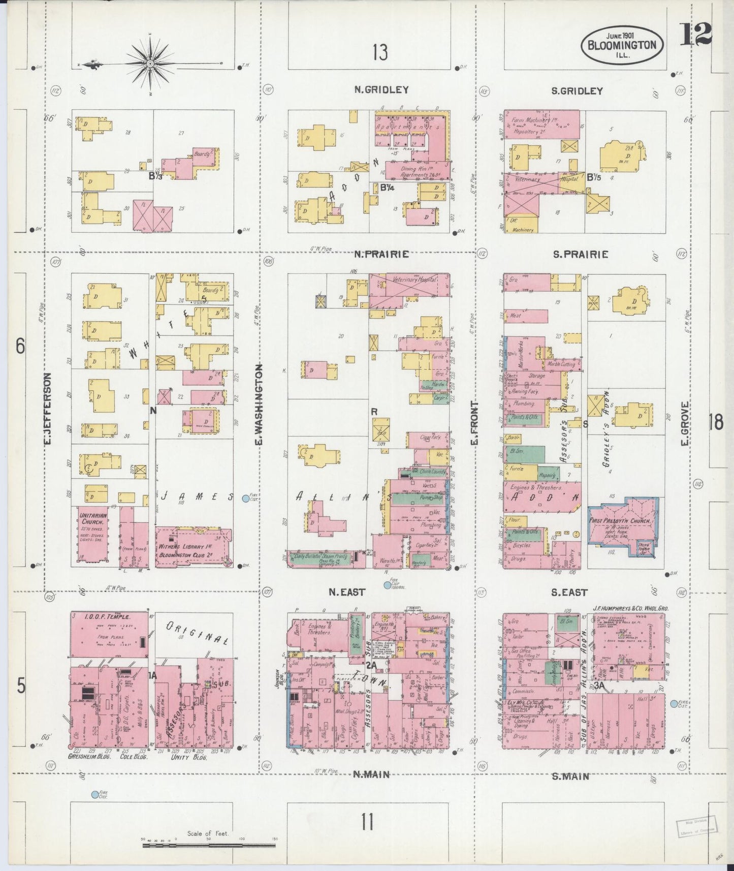 Sanborn Fire Insurance Map from Bloomington, McLean County, Illinois (1901), Sheet #0012 - Complete Map Set gallery image, historic Sanborn map, vintage wall art, Illinois Illinois