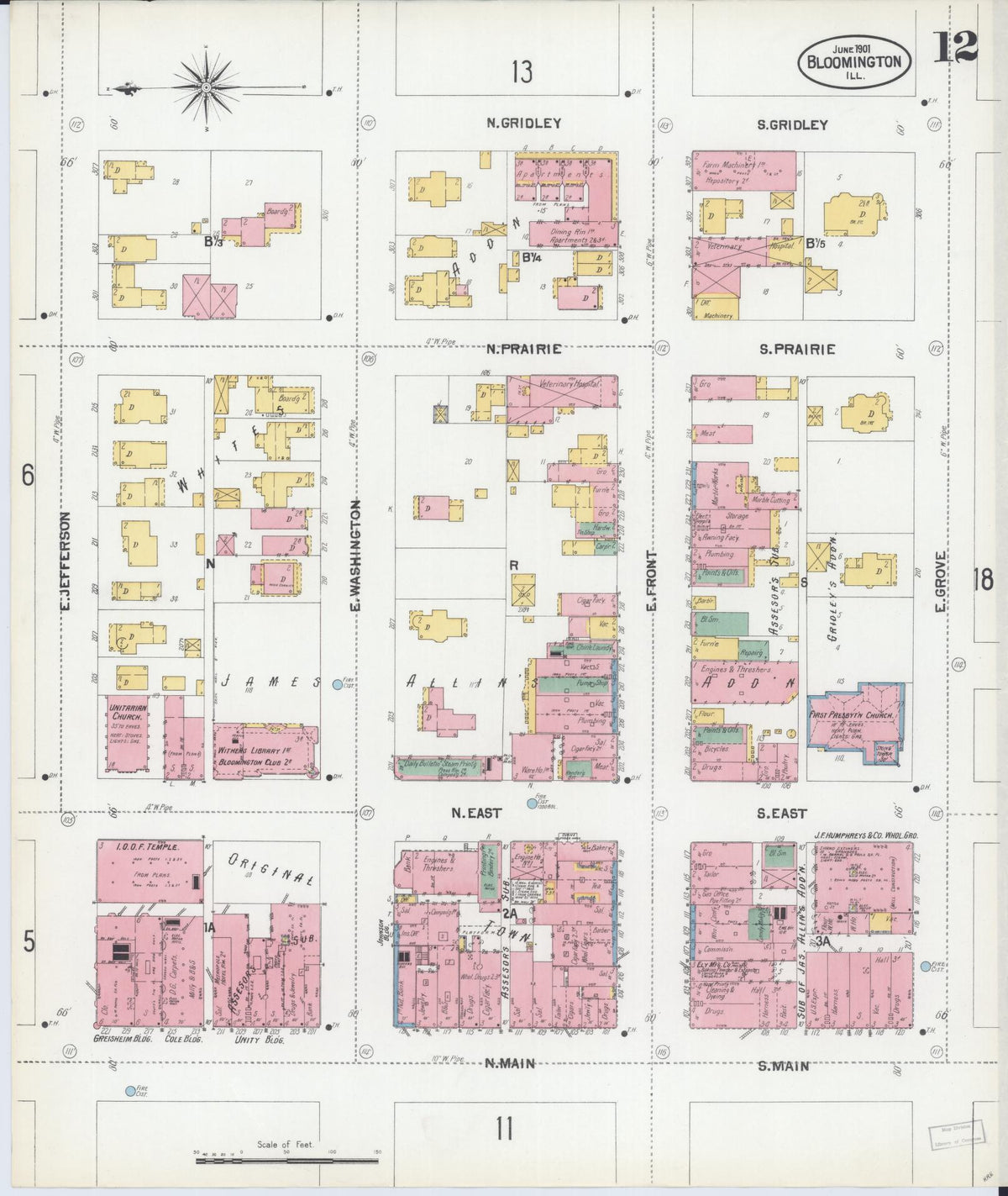 Sanborn Fire Insurance Map from Bloomington, McLean County, Illinois (1901), Sheet #0012 - Complete Map Set gallery image, historic Sanborn map, vintage wall art, Illinois Illinois