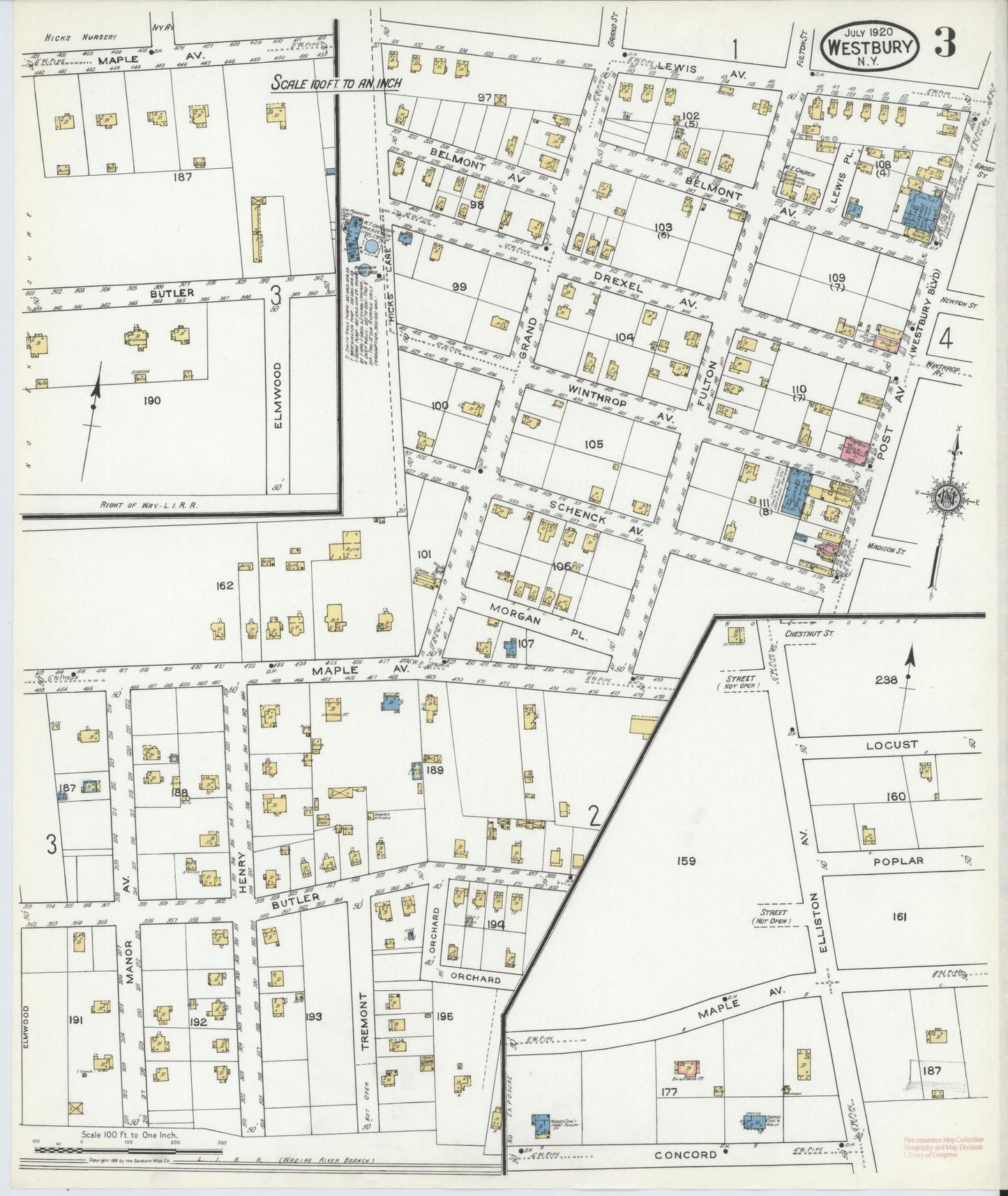 Sanborn Fire Insurance Map from Westbury, Nassau County, New York (1920), Sheet #0003 - Historic Sanborn Fire Insurance Map Print, vintage old map wall art, antique decor, genealogy gift, New York New York map