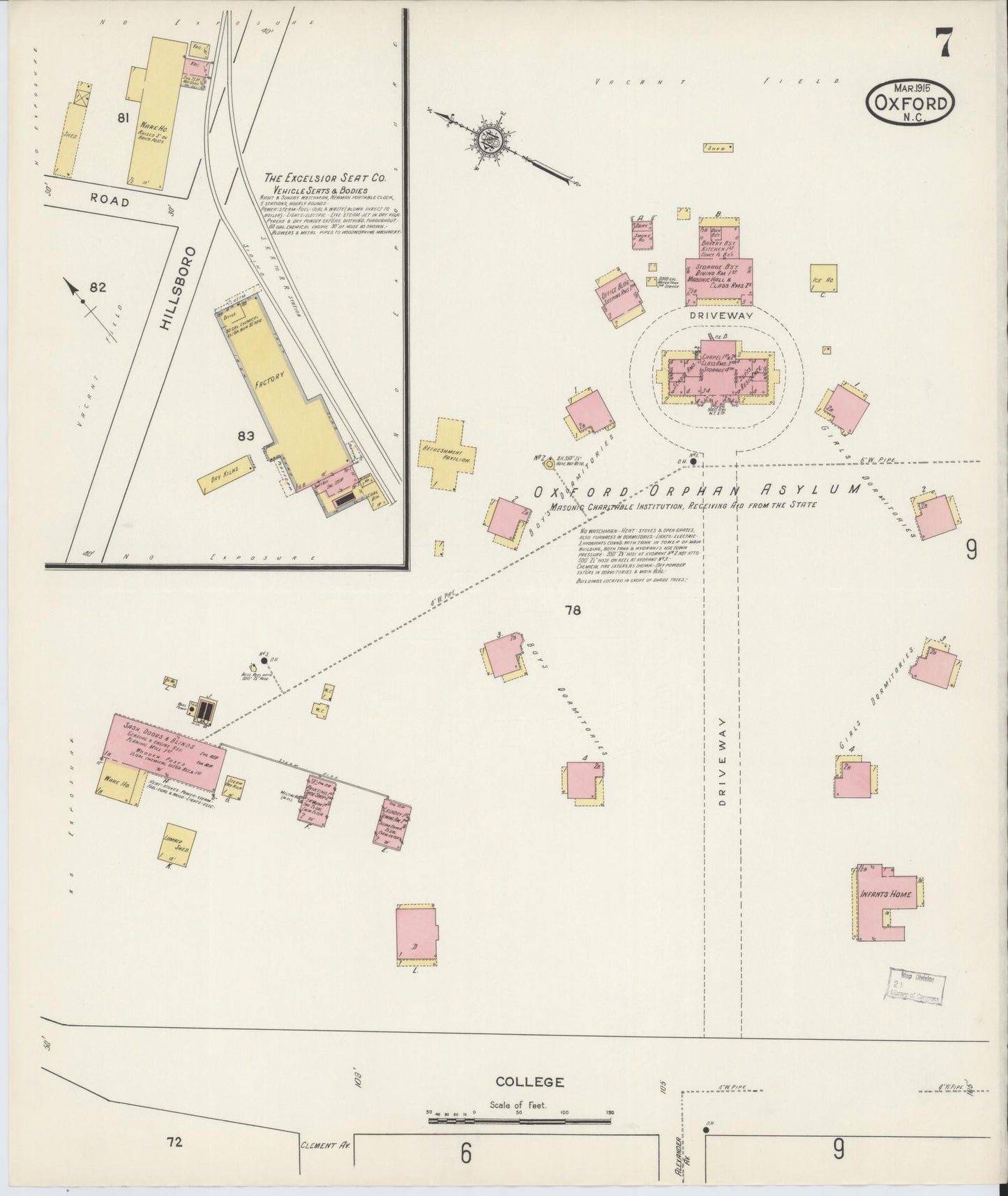 Sanborn Fire Insurance Map from Oxford, Granville County, North Carolina (1915), Sheet #0007 - Complete Map Set gallery image, historic Sanborn map, vintage wall art, North Carolina North Carolina