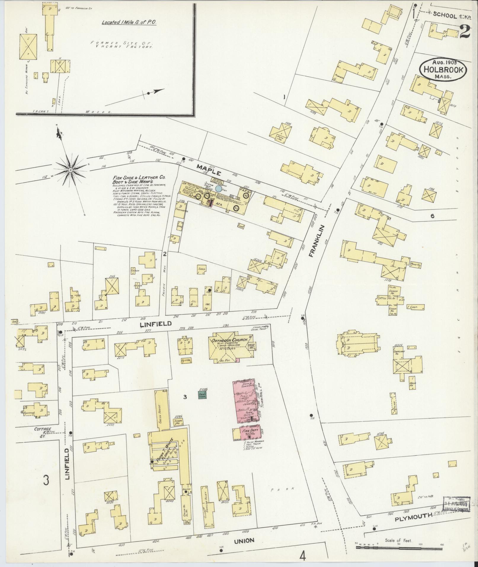 Sanborn Fire Insurance Map from Holbrook, Norfolk County, Massachusetts (1909), Sheet #0002 - Historic Sanborn Fire Insurance Map Print, vintage old map wall art, antique decor, genealogy gift, Massachusetts Massachusetts map