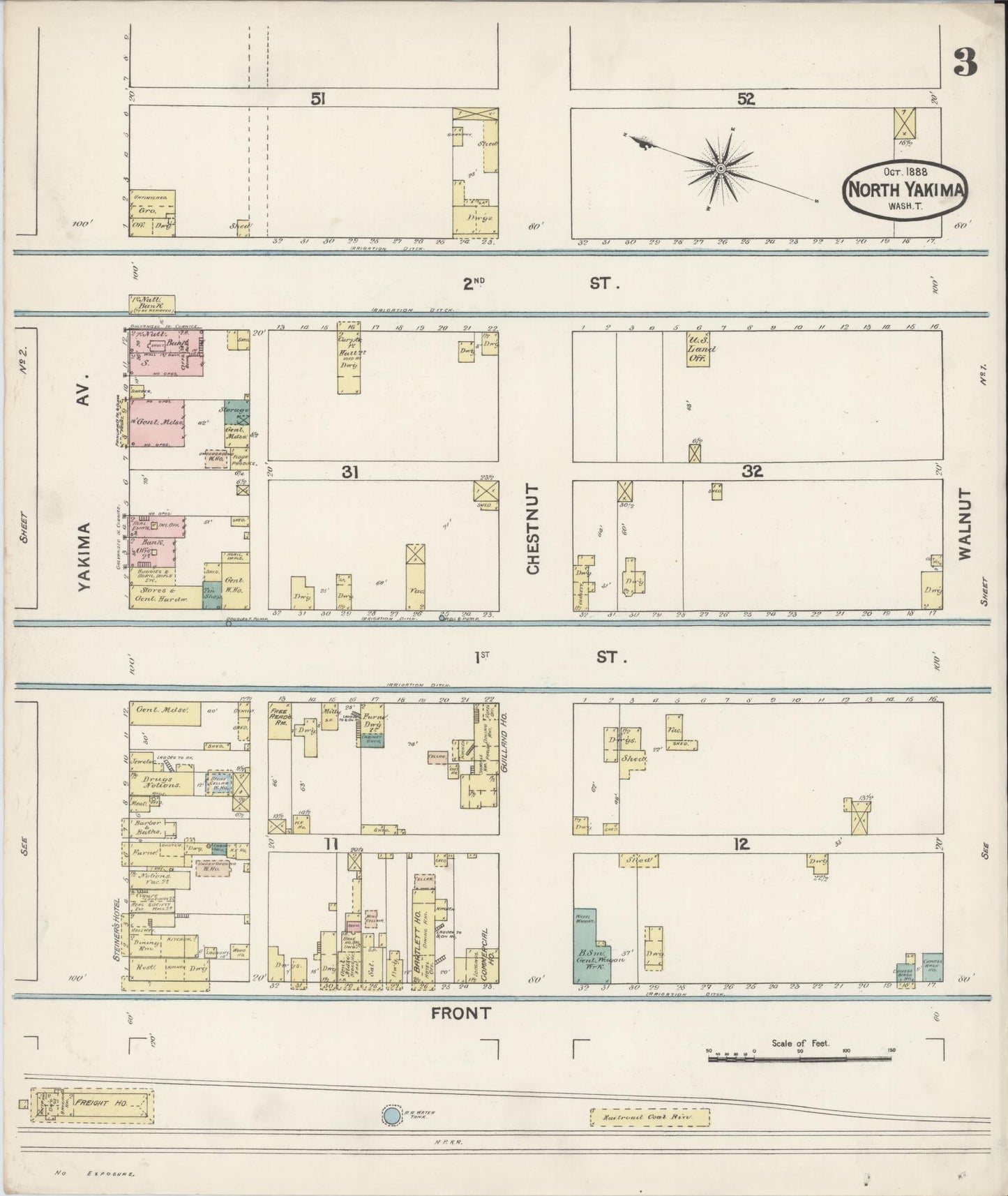 Sanborn Fire Insurance Map from North Yakima, Yakima County, Washington (1888), Sheet #0003 - Complete Map Set gallery image, historic Sanborn map, vintage wall art, Washington Washington