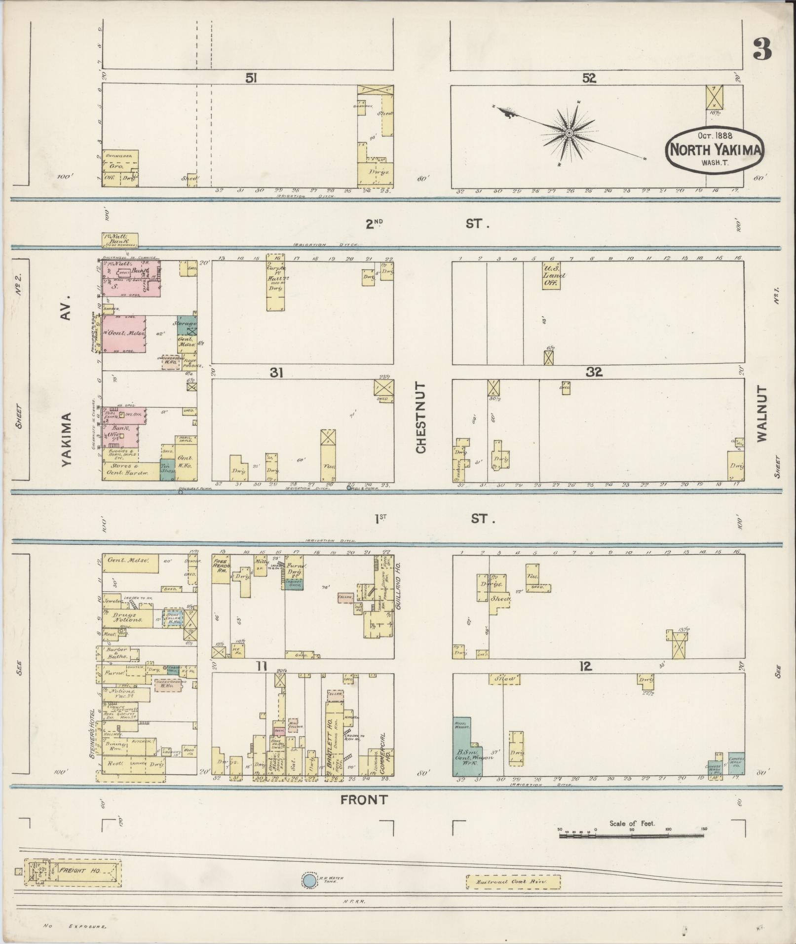 Sanborn Fire Insurance Map from North Yakima, Yakima County, Washington (1888), Sheet #0003 - Complete Map Set gallery image, historic Sanborn map, vintage wall art, Washington Washington
