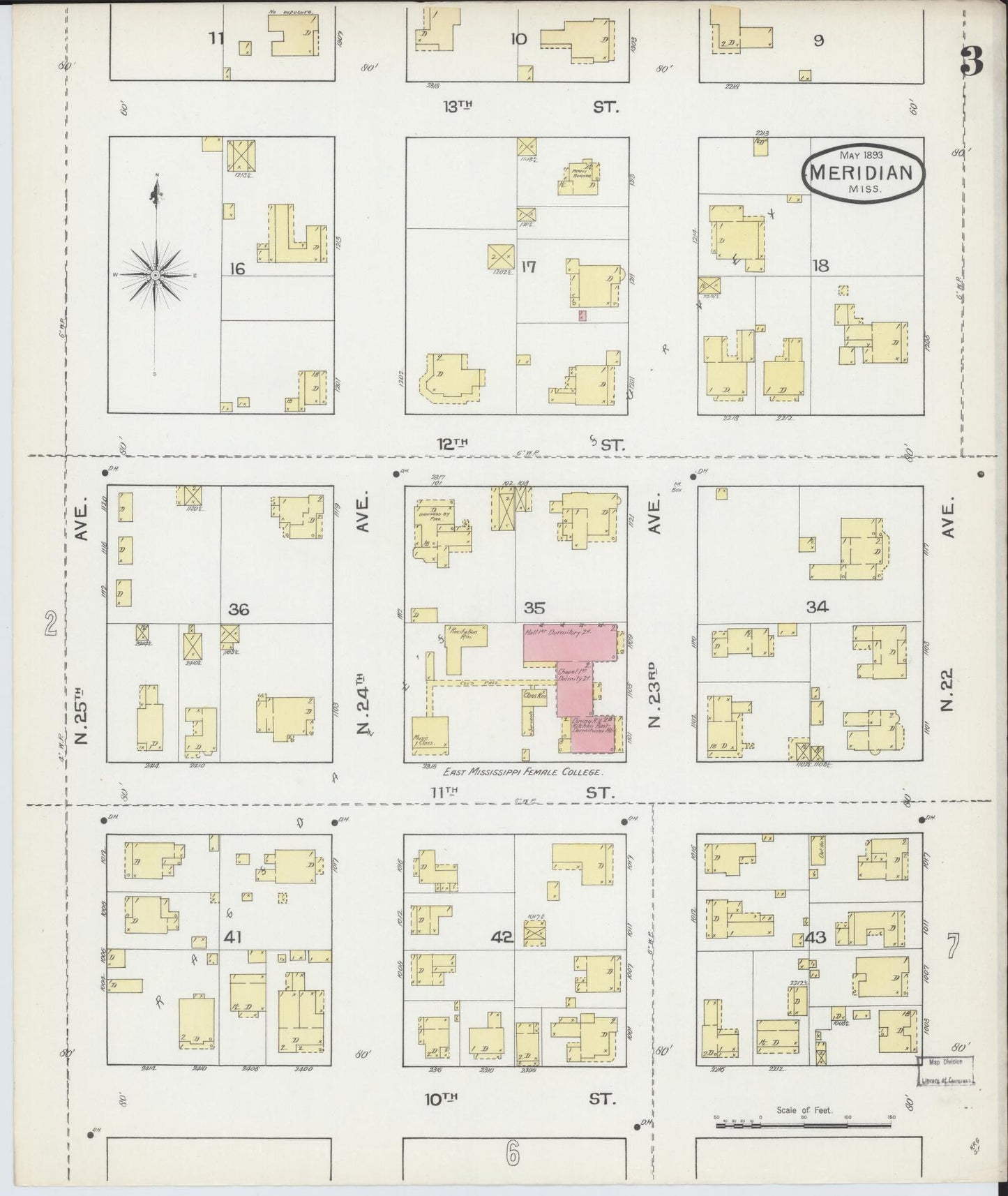 Sanborn Fire Insurance Map from Meridian, Lauderdale County, Mississippi (1893), Sheet #0003 - Complete Map Set gallery image, historic Sanborn map, vintage wall art, Mississippi Mississippi