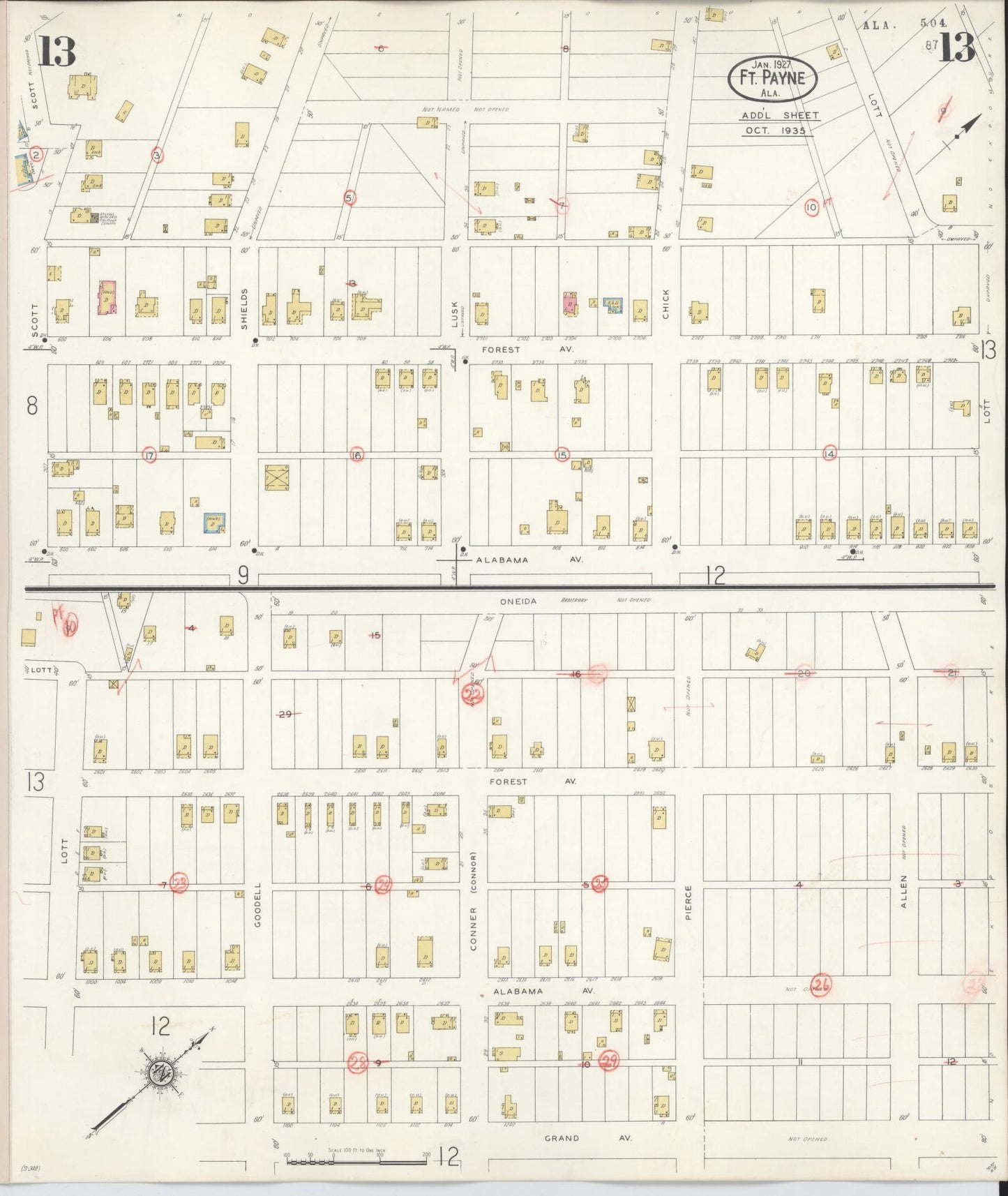 Sanborn Fire Insurance Map from Fort Payne, Dekalb County, Alabama (1935), Sheet #0013 - Complete Map Set gallery image, historic Sanborn map, vintage wall art, Alabama Alabama