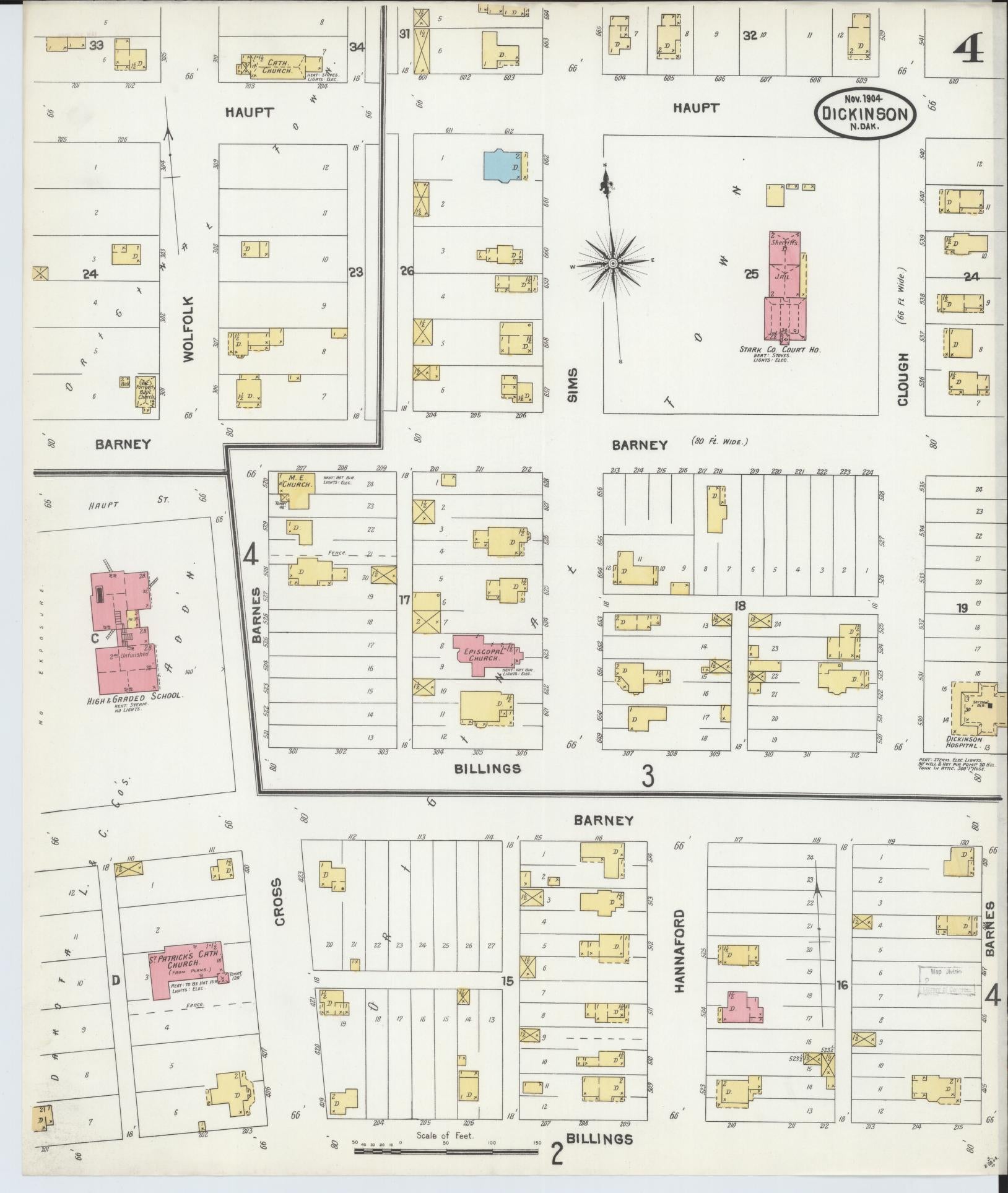 Sanborn Fire Insurance Map from Dickinson, Stark County, North Dakota (1904), Sheet #0004 - Complete Map Set gallery image, historic Sanborn map, vintage wall art, North Dakota North Dakota
