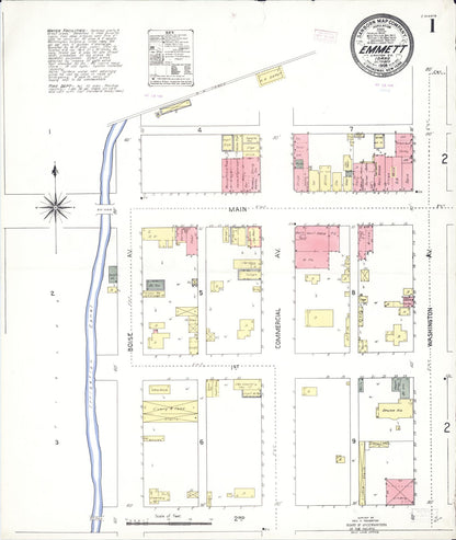 Sanborn Fire Insurance Map from Emmett, Gem County, Idaho (1909), Sheet #0001 - Complete Map Set gallery image, historic Sanborn map, vintage wall art, Idaho Idaho