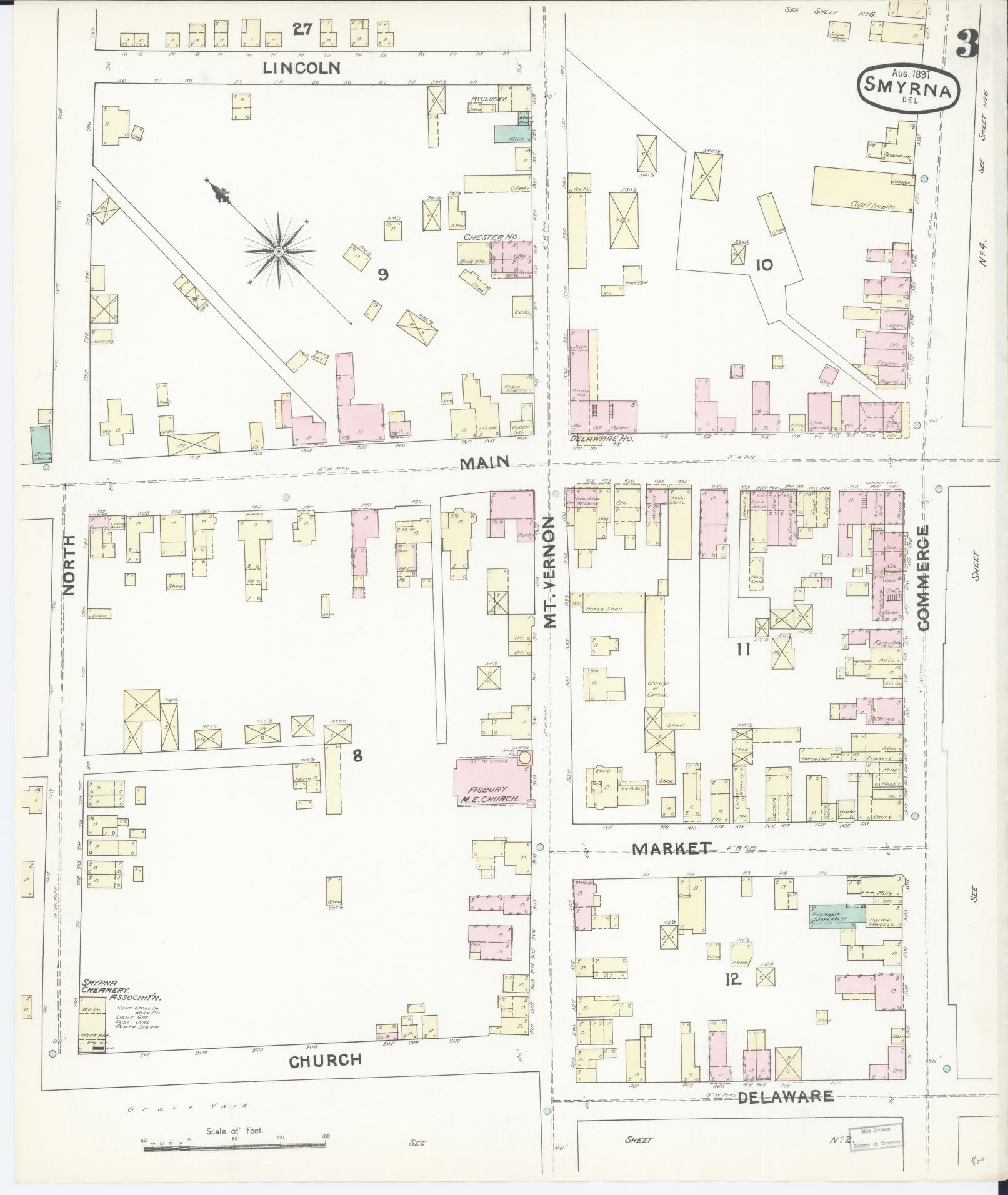 Sanborn Fire Insurance Map from Smyrna, Kent County, Delaware (1891), Sheet #0003 - Complete Map Set gallery image, historic Sanborn map, vintage wall art, Delaware Delaware