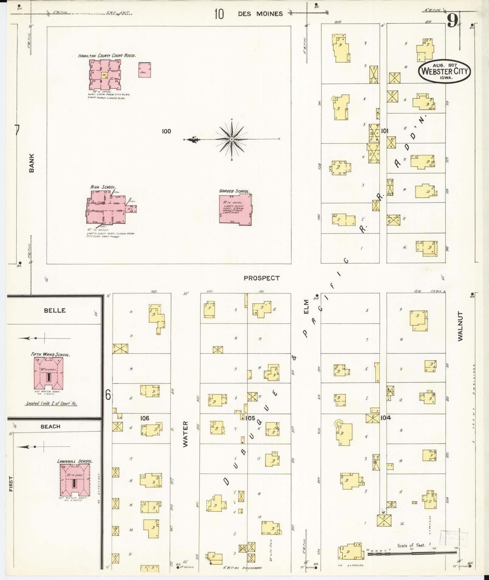 Sanborn Fire Insurance Map from Webster City, Hamilton County, Iowa (1907), Sheet #0009 - Historic Sanborn Fire Insurance Map Print, vintage old map wall art