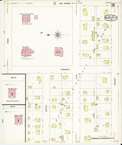 Sanborn Fire Insurance Map from Webster City, Hamilton County, Iowa (1907), Sheet #0009 - Historic Sanborn Fire Insurance Map Print, vintage old map wall art
