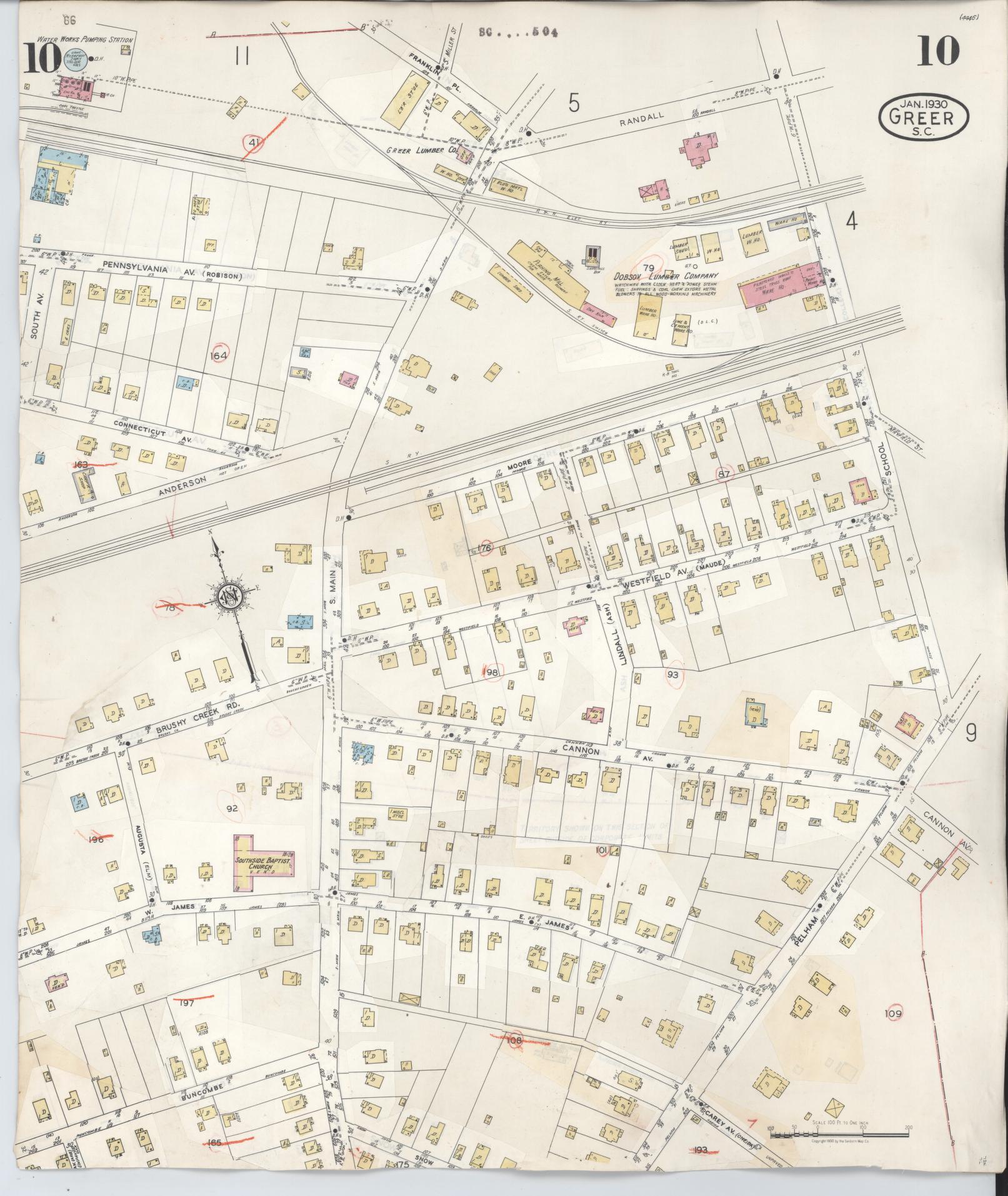 Sanborn Fire Insurance Map from Greer, Greenville and Spartanburg Counties, South Carolina (1951), Sheet #0010 - Complete Map Set gallery image, historic Sanborn map, vintage wall art, South Carolina South Carolina