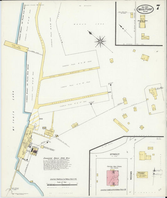 Sanborn Fire Insurance Map from Moss Point, Jackson County, Mississippi (1909), Sheet #0007 - Historic Sanborn Fire Insurance Map Print, vintage old map wall art, antique decor, genealogy gift, Mississippi Mississippi map
