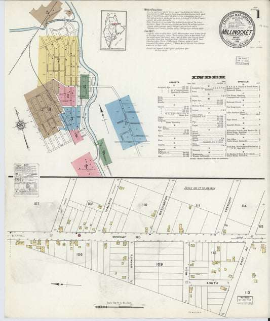 Sanborn Fire Insurance Map from Millinocket, Penobscot County, Maine (1916), Sheet #0001 - Historic Sanborn Fire Insurance Map Print, vintage old map wall art, antique decor, genealogy gift, Maine Maine map