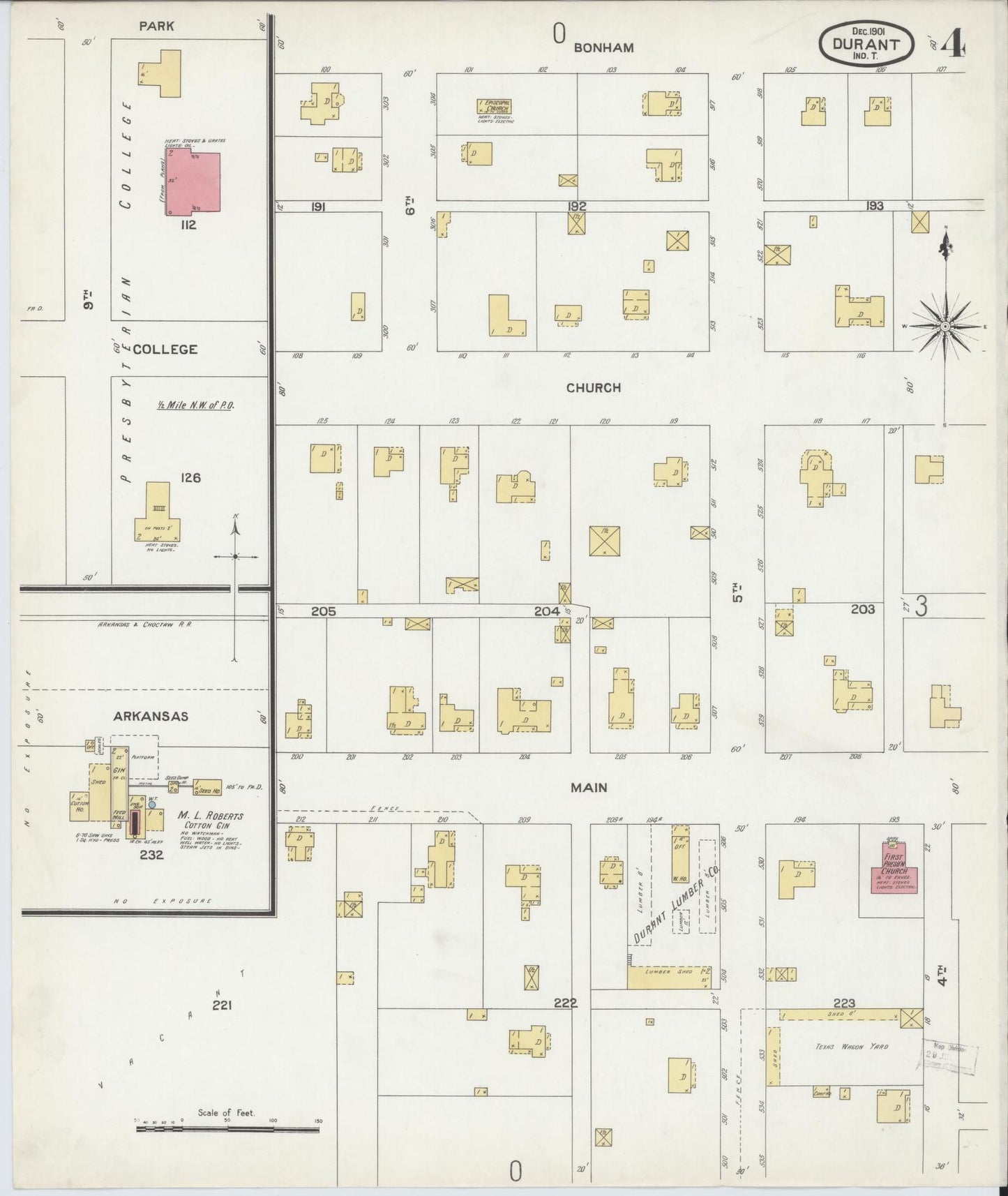 Sanborn Fire Insurance Map from Durant, Bryan County, Oklahoma (1901), Sheet #0004 - Complete Map Set gallery image, historic Sanborn map, vintage wall art, Oklahoma Oklahoma