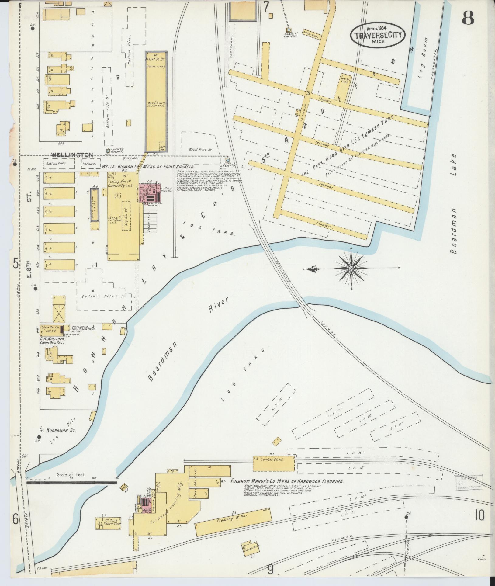 Sanborn Fire Insurance Map from Traverse City, Grand Traverse County, Michigan (1904), Sheet #0008 - Historic Sanborn Fire Insurance Map Print, vintage old map wall art, antique decor, genealogy gift, Michigan Michigan map