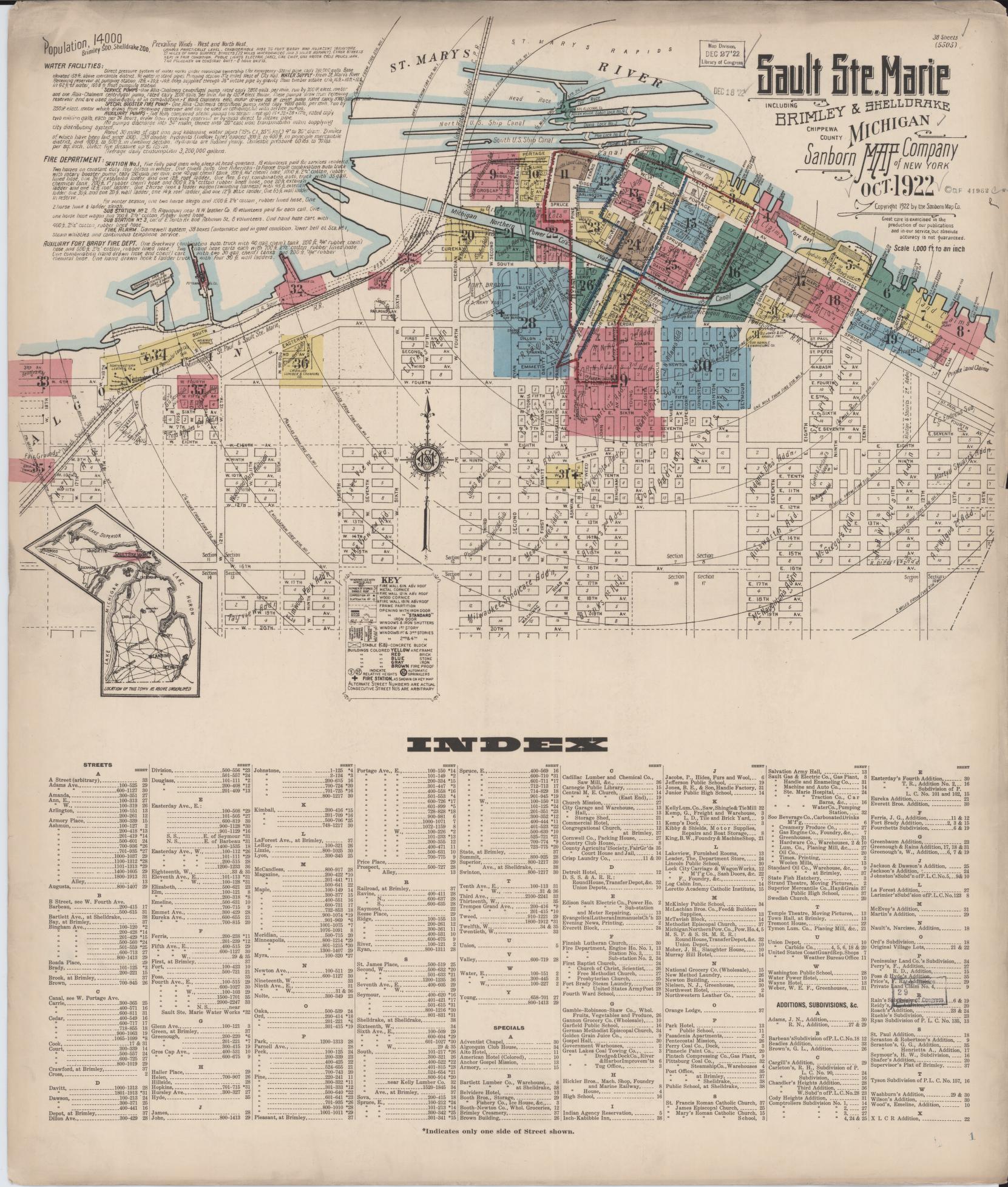 Sanborn Fire Insurance Map from Sault Sainte Marie, Chippewa County, Michigan (1922), Sheet #0001 - Complete Map Set gallery image, historic Sanborn map, vintage wall art, Michigan Michigan