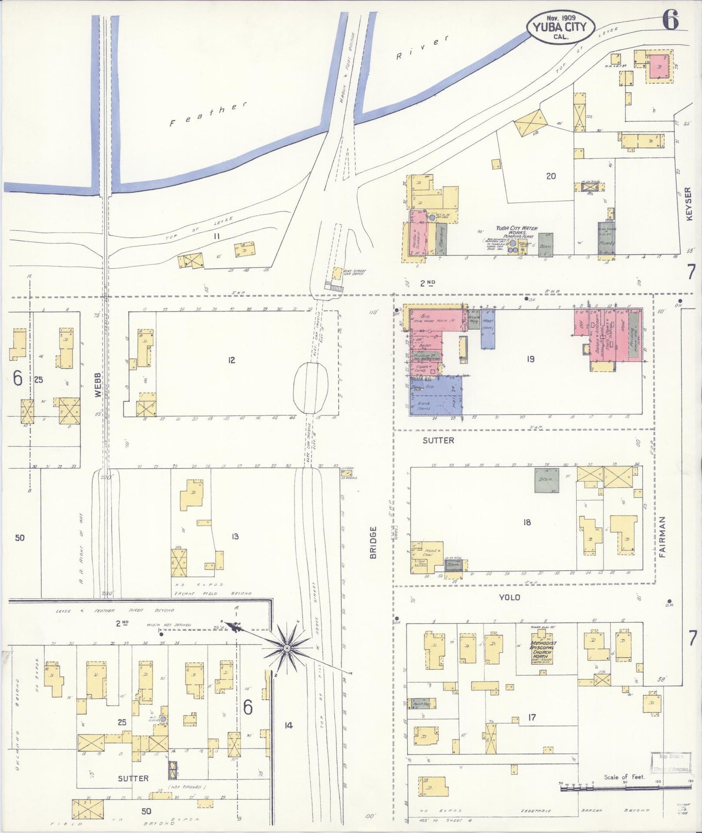 Sanborn Fire Insurance Map from Yuba City, Sutter County, California (1909), Sheet #0006 - Complete Map Set gallery image, historic Sanborn map, vintage wall art, California California
