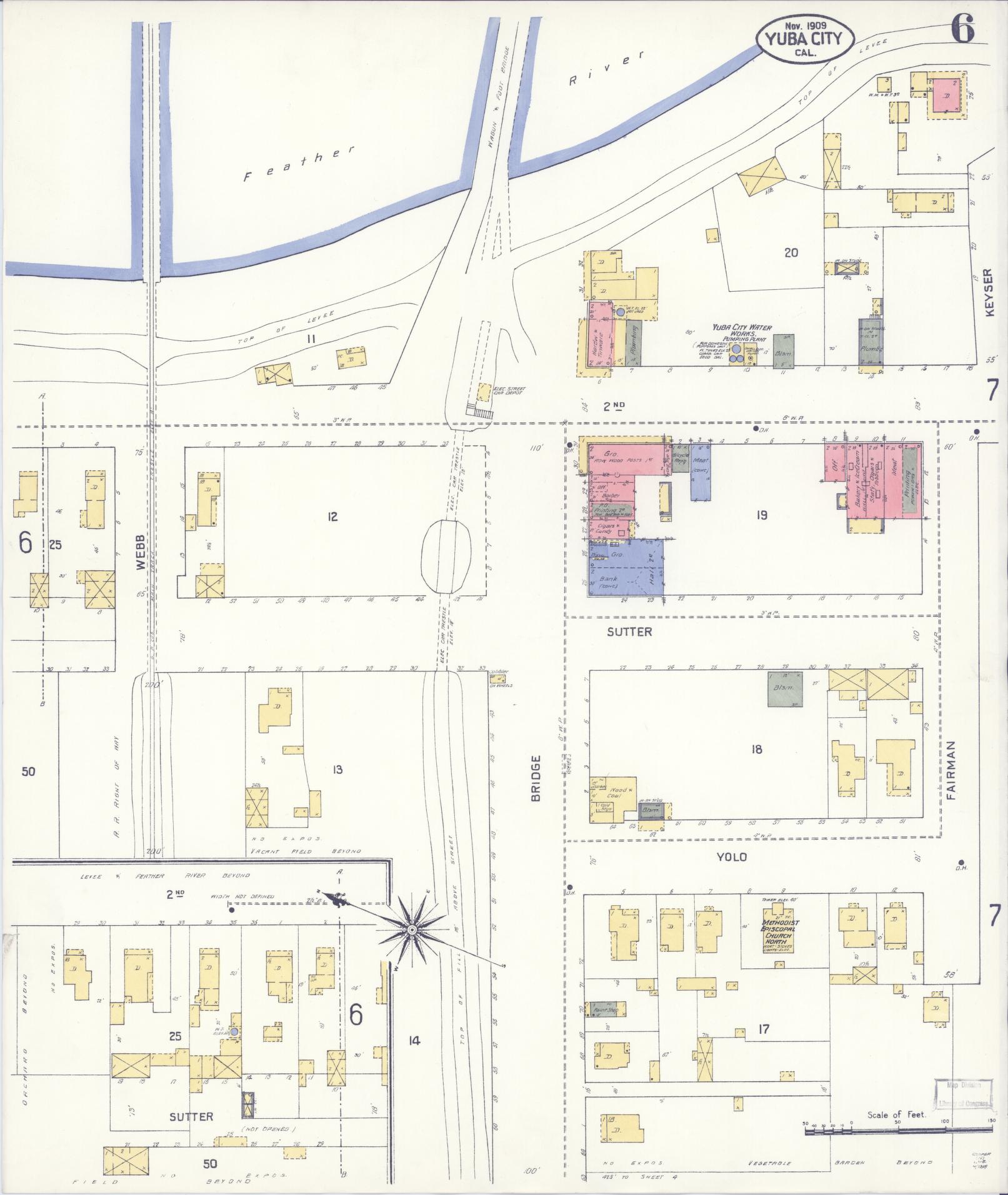Sanborn Fire Insurance Map from Yuba City, Sutter County, California (1909), Sheet #0006 - Complete Map Set gallery image, historic Sanborn map, vintage wall art, California California