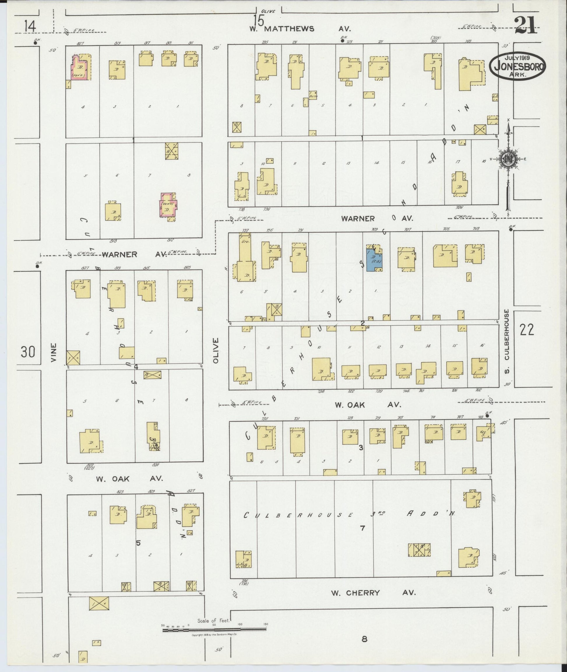 Sanborn Fire Insurance Map from Jonesboro, Craighead County, Arkansas (1919), Sheet #0021 - Complete Map Set gallery image, historic Sanborn map, vintage wall art, Arkansas Arkansas