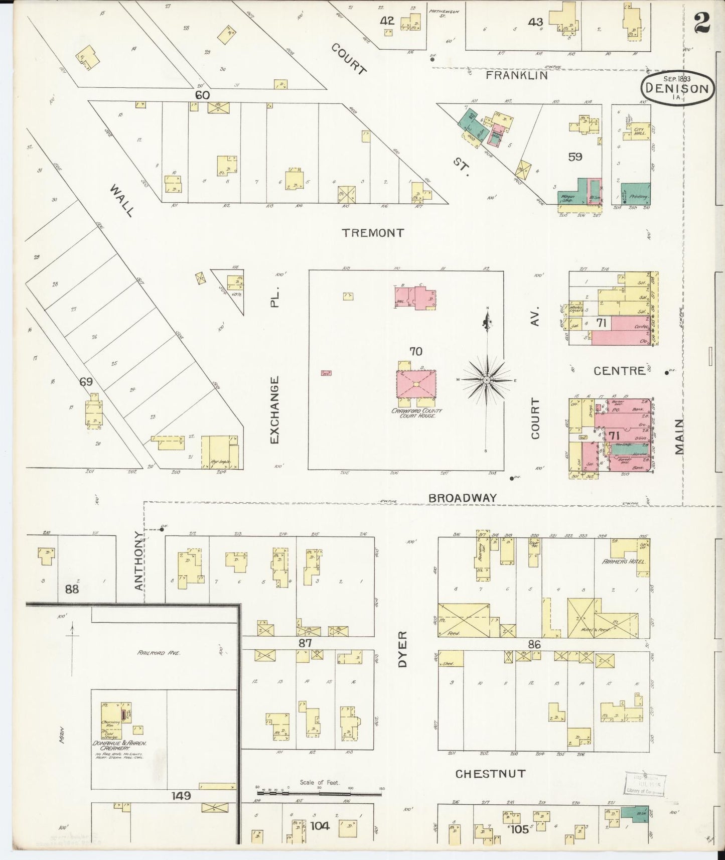 Sanborn Fire Insurance Map from Denison, Crawford County, Iowa (1893), Sheet #0002 - Historic Sanborn Fire Insurance Map Print, vintage old map wall art
