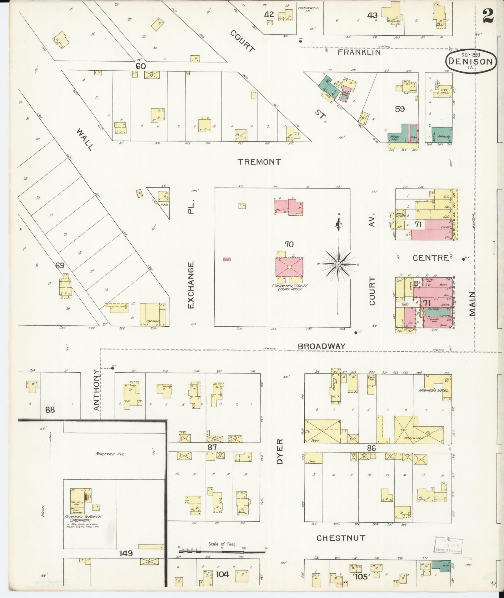 Sanborn Fire Insurance Map from Denison, Crawford County, Iowa (1893), Sheet #0002 - Historic Sanborn Fire Insurance Map Print, vintage old map wall art