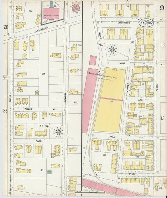 Sanborn Fire Insurance Map from Nashua, Hillsborough County, New Hampshire (1902), Sheet #0009 - Historic Sanborn Fire Insurance Map Print, vintage old map wall art, antique decor, genealogy gift, New Hampshire New Hampshire map