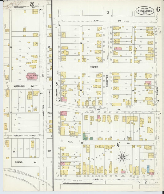 Sanborn Fire Insurance Map from Middletown, Butler County, Ohio (1907), Sheet #0006 - Historic Sanborn Fire Insurance Map Print, vintage old map wall art, antique decor, genealogy gift, Ohio Ohio map