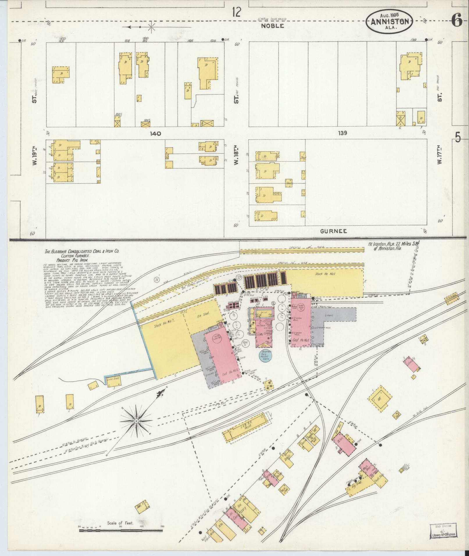 Sanborn Fire Insurance Map from Anniston, Calhoun County, Alabama (1905), Sheet #0006 - Complete Map Set gallery image, historic Sanborn map, vintage wall art, Alabama Alabama