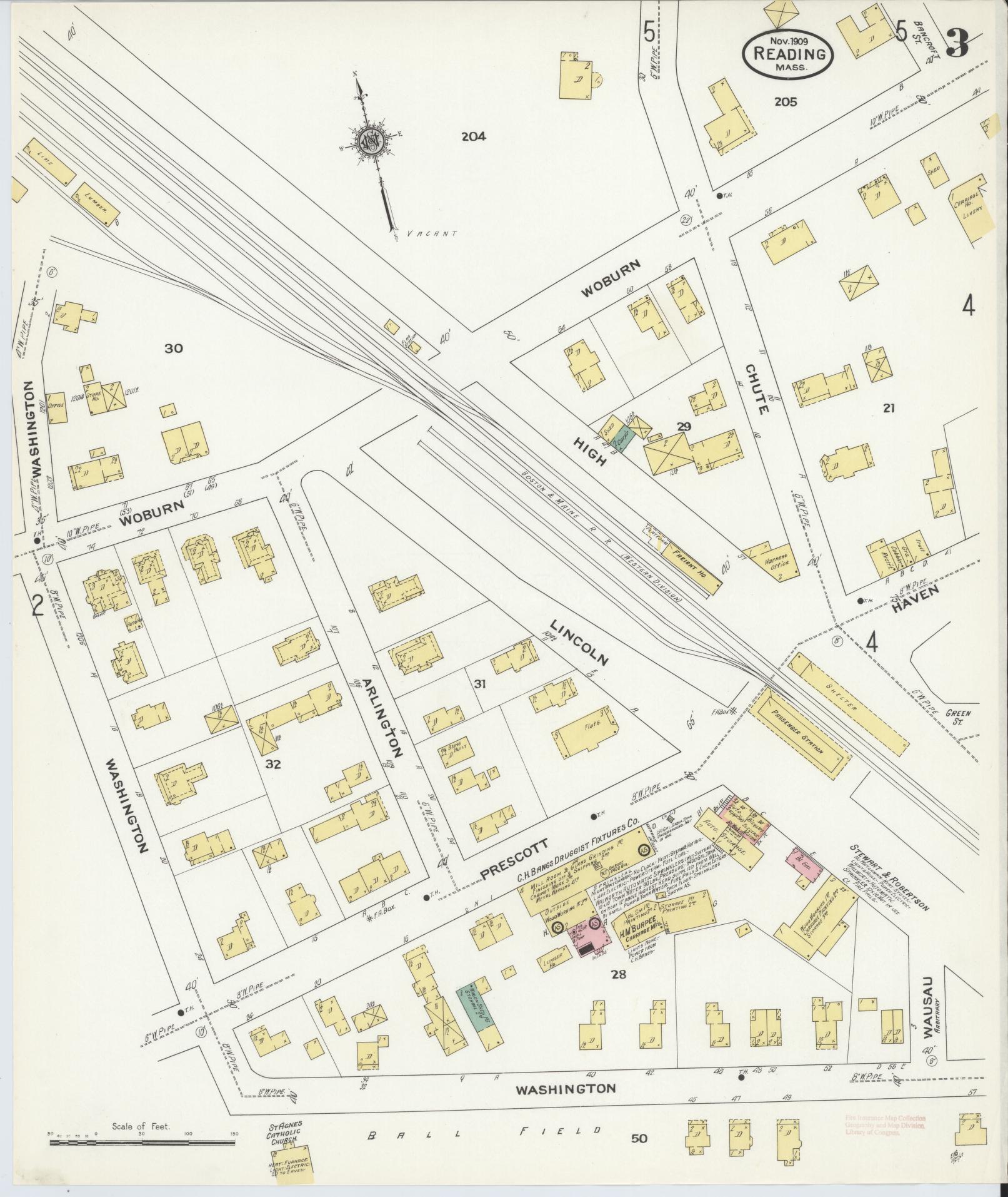 Sanborn Fire Insurance Map from Reading, Middlesex County, Massachusetts (1909), Sheet #0003 - Complete Map Set gallery image, historic Sanborn map, vintage wall art, Massachusetts Massachusetts