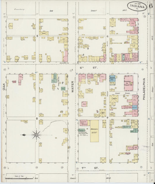 Sanborn Fire Insurance Map from Indiana, Indiana County, Pennsylvania (1887), Sheet #0006 - Historic Sanborn Fire Insurance Map Print, vintage old map wall art, antique decor, genealogy gift, Pennsylvania Pennsylvania map