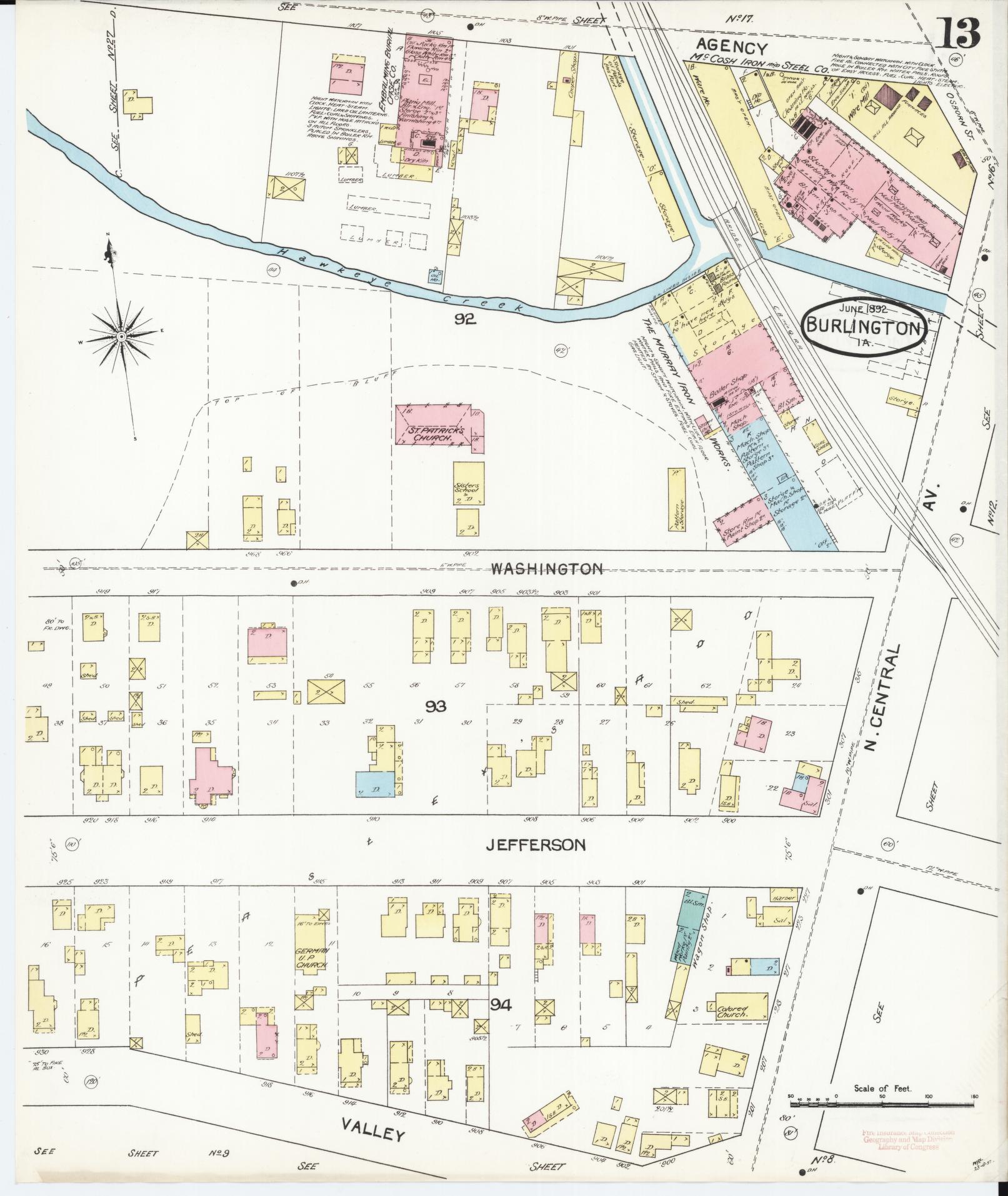 Sanborn Fire Insurance Map from Burlington, Des Moines County, Iowa (1892), Sheet #0013 - Historic Sanborn Fire Insurance Map Print, vintage old map wall art