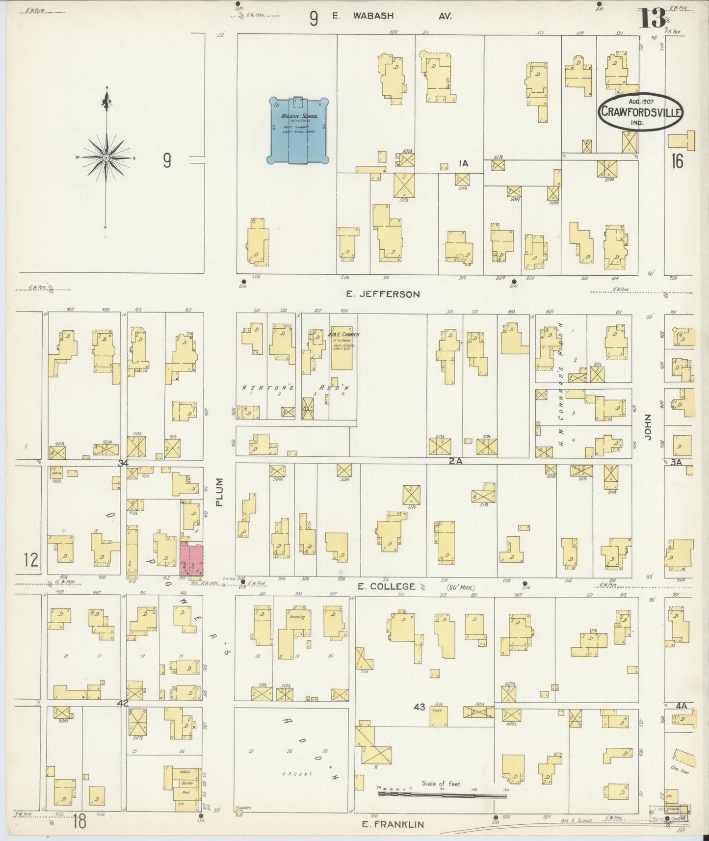Sanborn Fire Insurance Map from Crawfordsville, Montgomery County, Indiana (1907), Sheet #0013 - Complete Map Set gallery image, historic Sanborn map, vintage wall art, Indiana Indiana