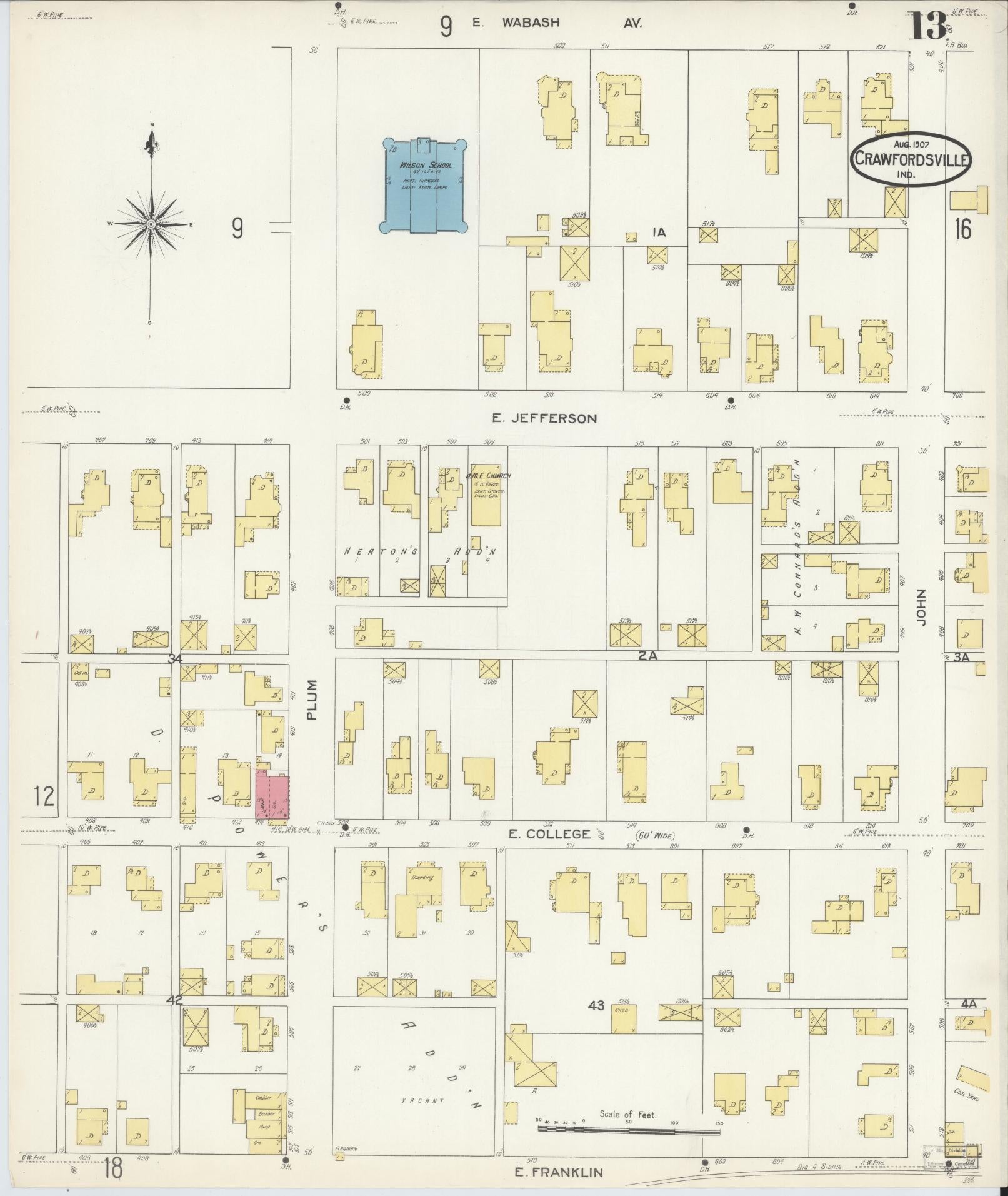 Sanborn Fire Insurance Map from Crawfordsville, Montgomery County, Indiana (1907), Sheet #0013 - Complete Map Set gallery image, historic Sanborn map, vintage wall art, Indiana Indiana