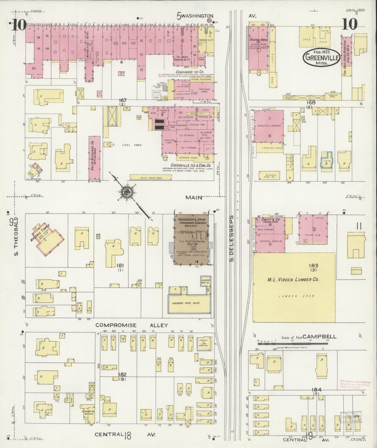 Sanborn Fire Insurance Map from Greenville, Washington County, Mississippi (1925), Sheet #0010 - Complete Map Set gallery image, historic Sanborn map, vintage wall art, Mississippi Mississippi