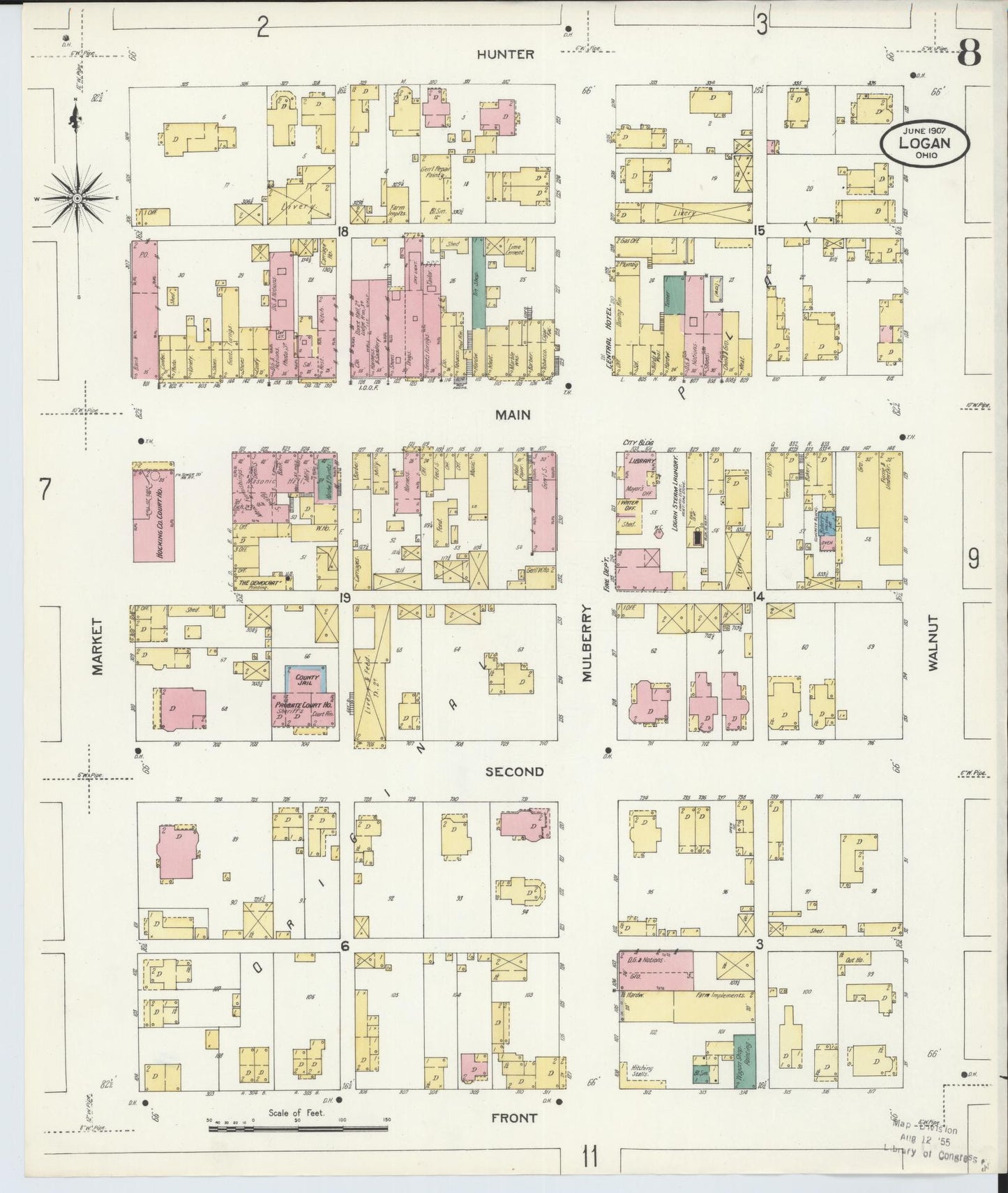 Sanborn Fire Insurance Map from Logan, Hocking County, Ohio (1907), Sheet #0008 - Historic Sanborn Fire Insurance Map Print, vintage old map wall art, antique decor, genealogy gift, Ohio Ohio map
