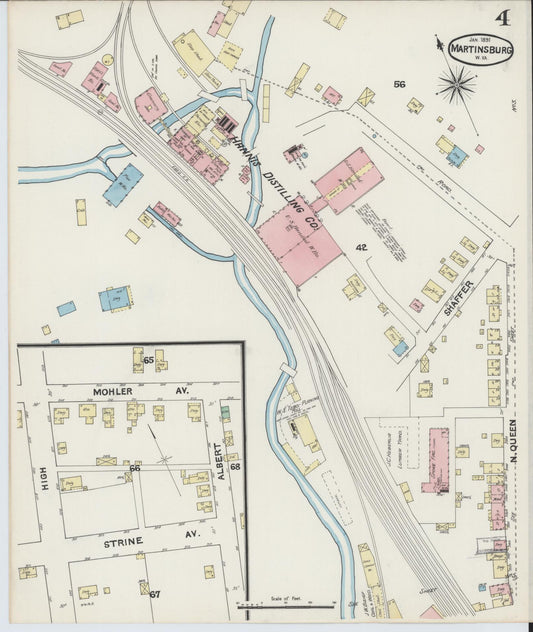 Sanborn Fire Insurance Map from Martinsburg, Berkeley County, West Virginia (1891), Sheet #0004 - Historic Sanborn Fire Insurance Map Print, vintage old map wall art, antique decor, genealogy gift, West Virginia West Virginia map