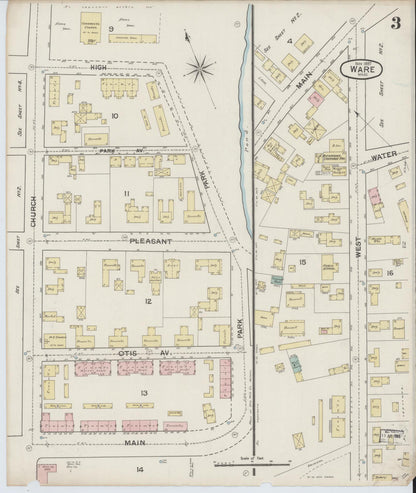 Sanborn Fire Insurance Map from Ware, Hampshire County, Massachusetts (1887), Sheet #0003 - Historic Sanborn Fire Insurance Map Print, vintage old map wall art, antique decor, genealogy gift, Massachusetts Massachusetts map