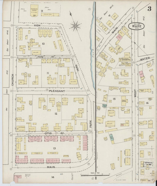 Sanborn Fire Insurance Map from Ware, Hampshire County, Massachusetts (1887), Sheet #0003 - Historic Sanborn Fire Insurance Map Print, vintage old map wall art, antique decor, genealogy gift, Massachusetts Massachusetts map