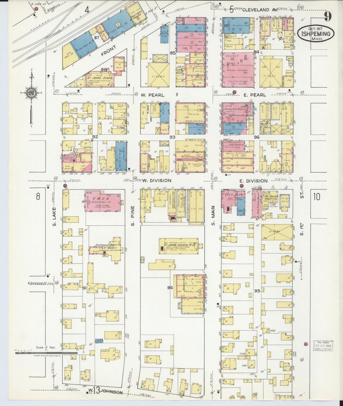 Sanborn Fire Insurance Map from Ishpeming, Marquette County, Michigan (1917), Sheet #0009 - Historic Sanborn Fire Insurance Map Print, vintage old map wall art, antique decor, genealogy gift, Michigan Michigan map