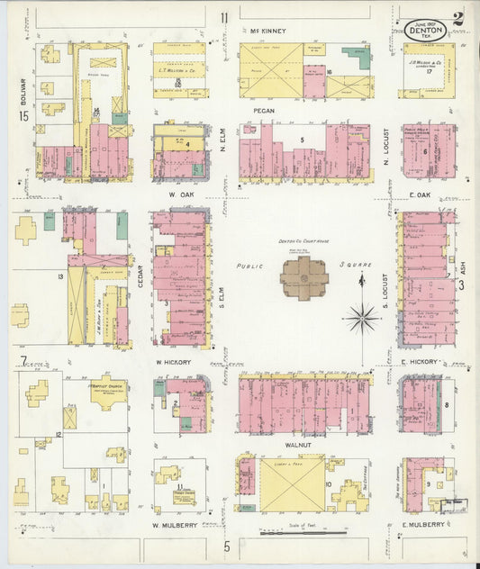 Sanborn Fire Insurance Map from Denton, Denton County, Texas (1907), Sheet #0002 - Historic Sanborn Fire Insurance Map Print, vintage old map wall art, antique decor, genealogy gift, Texas Texas map