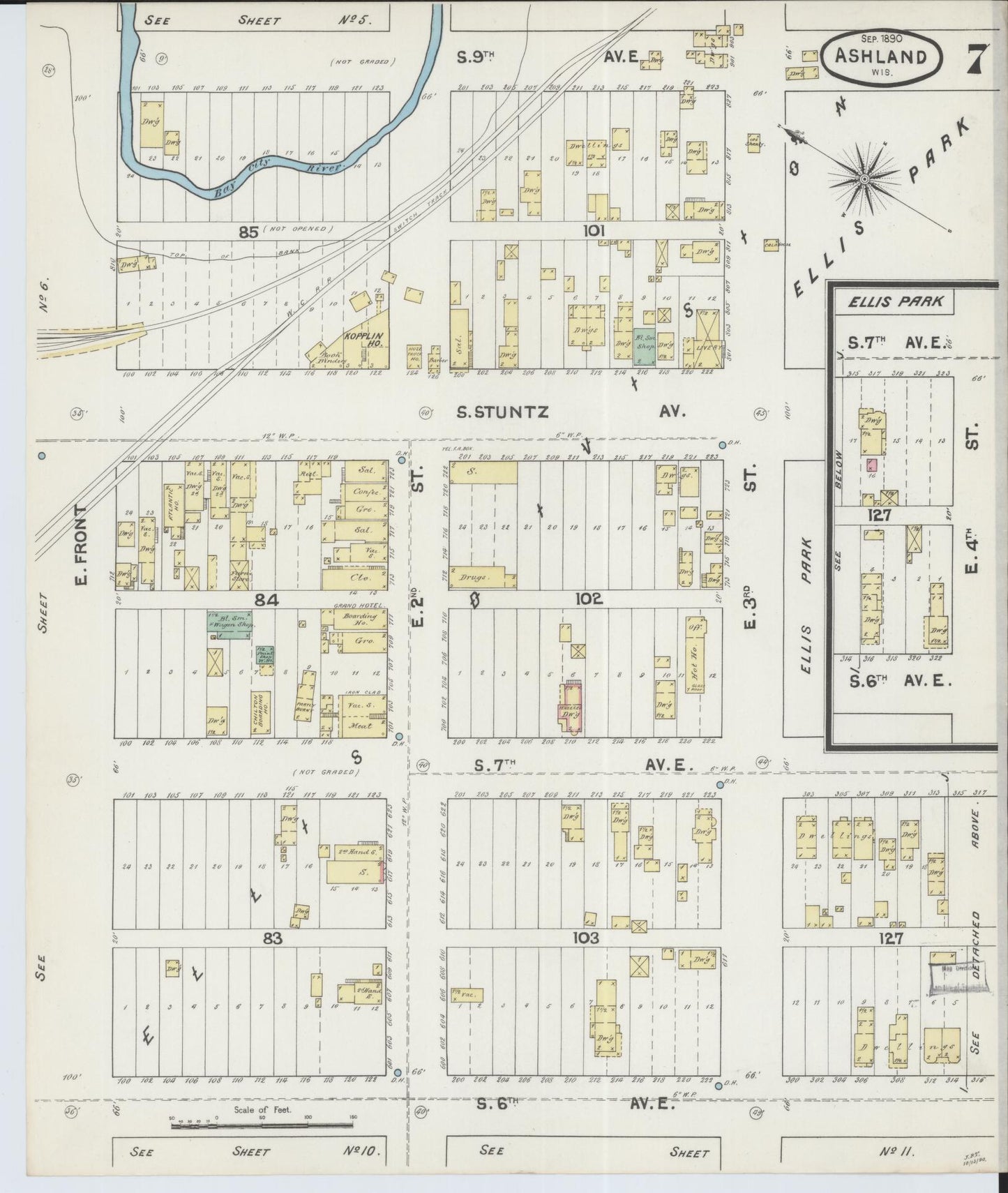 Sanborn Fire Insurance Map from Ashland, Ashland County, Wisconsin (1890), Sheet #0007 - Historic Sanborn Fire Insurance Map Print, vintage old map wall art, antique decor, genealogy gift, Wisconsin Wisconsin map