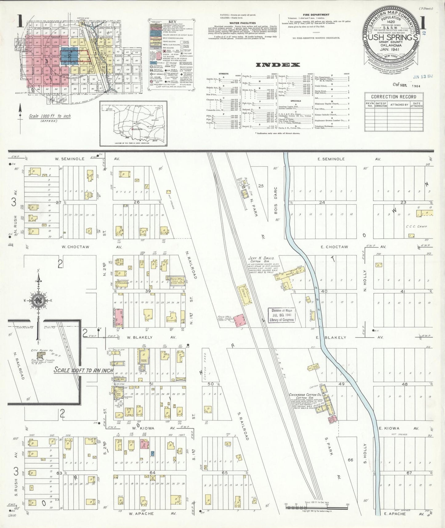 Sanborn Fire Insurance Map from Rush Springs, Grady County, Oklahoma (1941), Sheet #0001 - Historic Sanborn Fire Insurance Map Print, vintage old map wall art, antique decor, genealogy gift, Oklahoma Oklahoma map