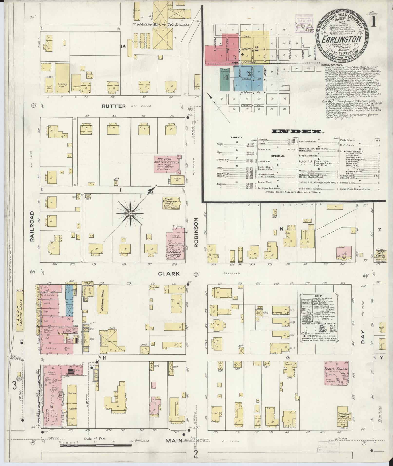 Sanborn Fire Insurance Map from Earlington, Hopkins County, Kentucky (1909), Sheet #0001 - Historic Sanborn Fire Insurance Map Print, vintage old map wall art, antique decor, genealogy gift, Kentucky Kentucky map