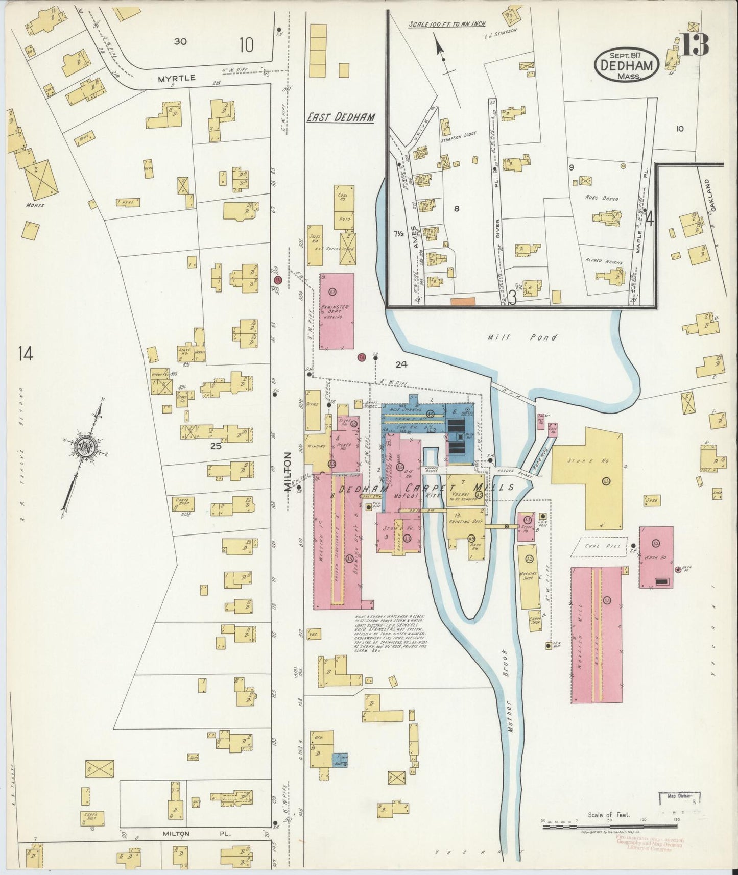 Sanborn Fire Insurance Map from Dedham, Norfolk County, Massachusetts (1917), Sheet #0013 - Complete Map Set gallery image, historic Sanborn map, vintage wall art, Massachusetts Massachusetts