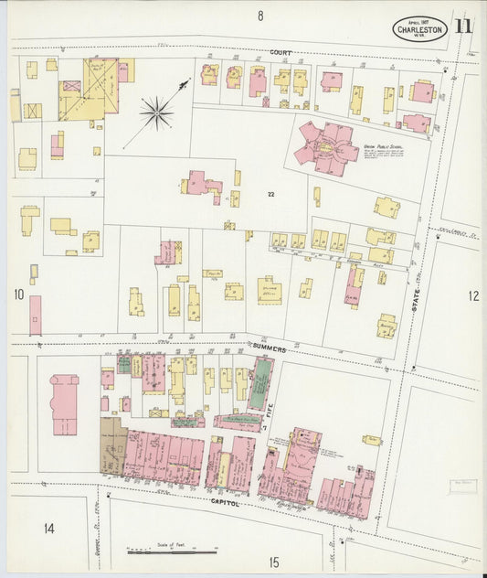Sanborn Fire Insurance Map from Charleston, Kanawha County, West Virginia (1907), Sheet #0011 - Historic Sanborn Fire Insurance Map Print, vintage old map wall art, antique decor, genealogy gift, West Virginia West Virginia map