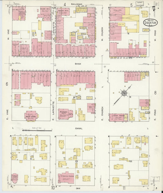 Sanborn Fire Insurance Map from Decatur, Morgan County, Alabama (1913), Sheet #0007 - Historic Sanborn Fire Insurance Map Print, vintage old map wall art, antique decor, genealogy gift, Alabama Alabama map