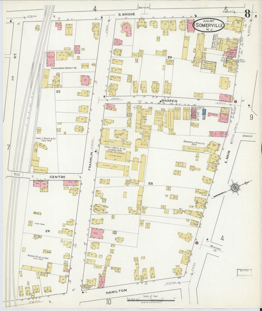 Sanborn Fire Insurance Map from Somerville, Somerset County, New Jersey (1917), Sheet #0008 - Historic Sanborn Fire Insurance Map Print, vintage old map wall art, antique decor, genealogy gift, New Jersey New Jersey map